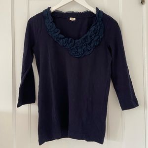 J. Crew 3/4 sleeve navy cotton top with floral decoration, size medium
